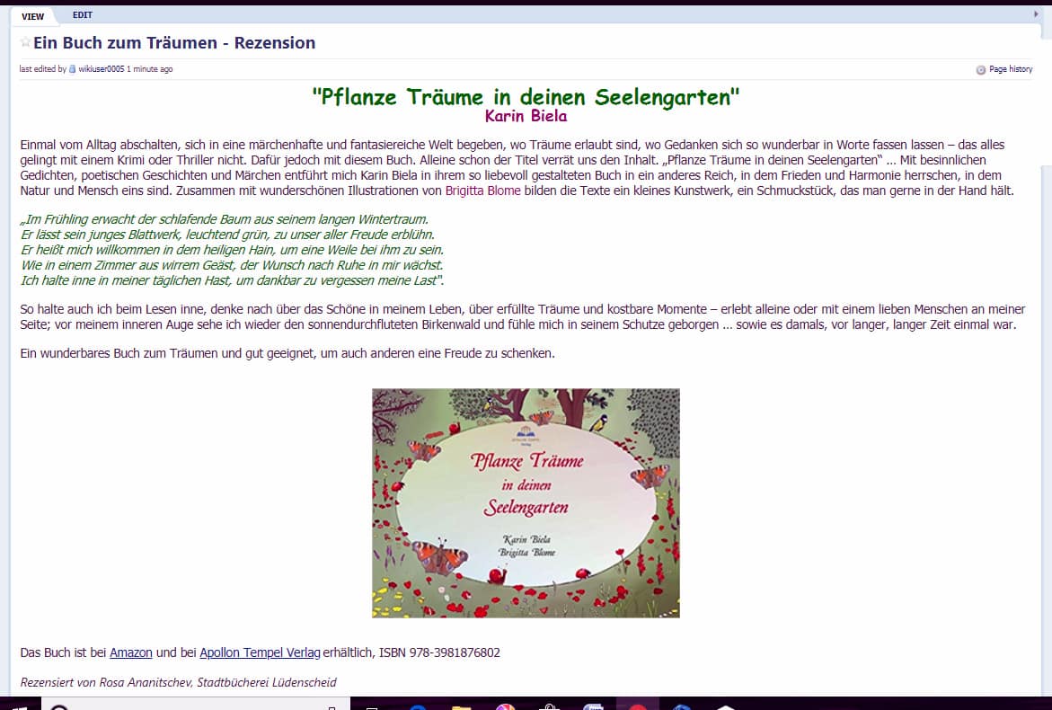 Wiki-Seite mit einer Rezension zum Buch von Karin Biela "Pflanze Träume in deinen Seelengarten"