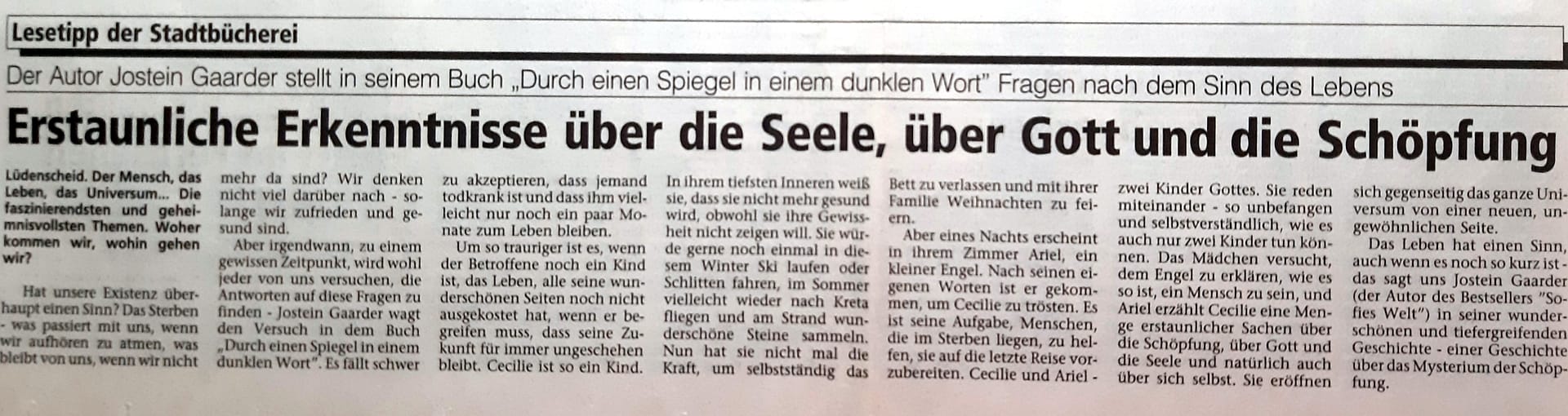 Zeitungsartikel - Lesetipp der Stadtbücherei Lüdenscheid